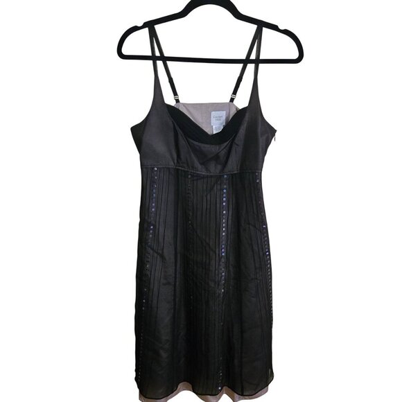 Garnet Hill 100% Silk Black Sequined Underlay Pintuck Slip Dress Size 4 - Picture 1 of 5